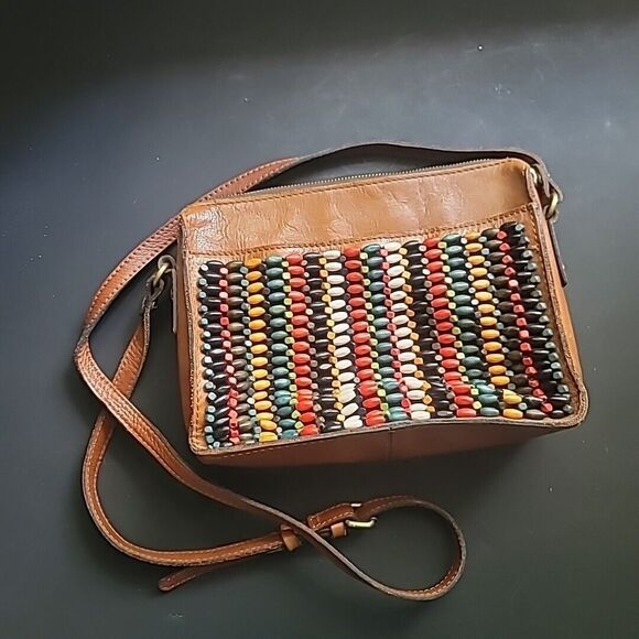 Patricia Nash Leather w/Bright Wooden Bead Front- Top Zip Crossbody Bag/Purse - Picture 1 of 15